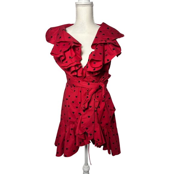 TARA SUBKOFF for Bebe Red Heart Print Ruffle Wrap Dress Size Small - Picture 6 of 7